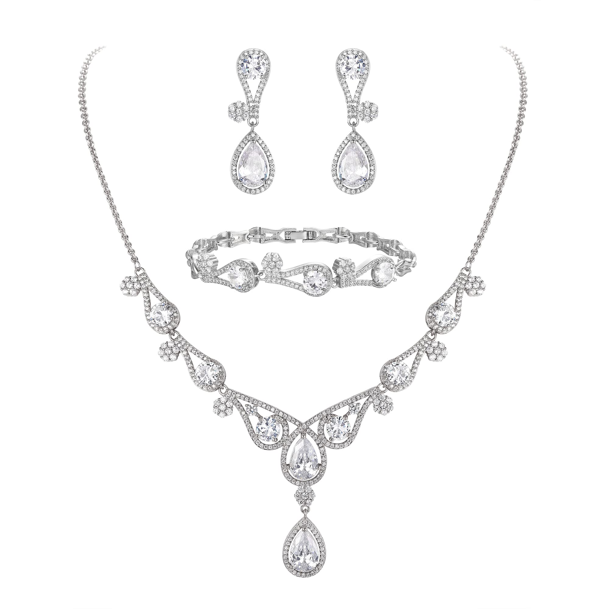 Ever Faith Women's CZ Wedding Y Shape Flower Teardrop Necklace Earrings Bracelet Set Clear Silver-Tone