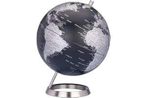 23.5 Degrees Globe with Matt Black Seas & Silver Land, 25cm Genuine Relief Map Chrome Metal Base Brushed Look & Felt