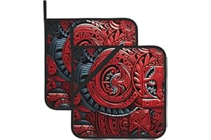 2Pcs Cotton Pot Holders for Kitchen Hot Pads Set Heat Resistant Non-Slip Potholders with Pocket BBQ Gloves Red Tribal Pattern