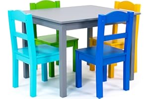 Humble Crew Kids Wooden Table and 4 Chairs Set, Grey/Blue/Green/Yellow - Kids Table and Chair Set for Toddlers and Children for Arts, Crafts, and Snack Time - Sturdy, Durable Toddler Activity Table