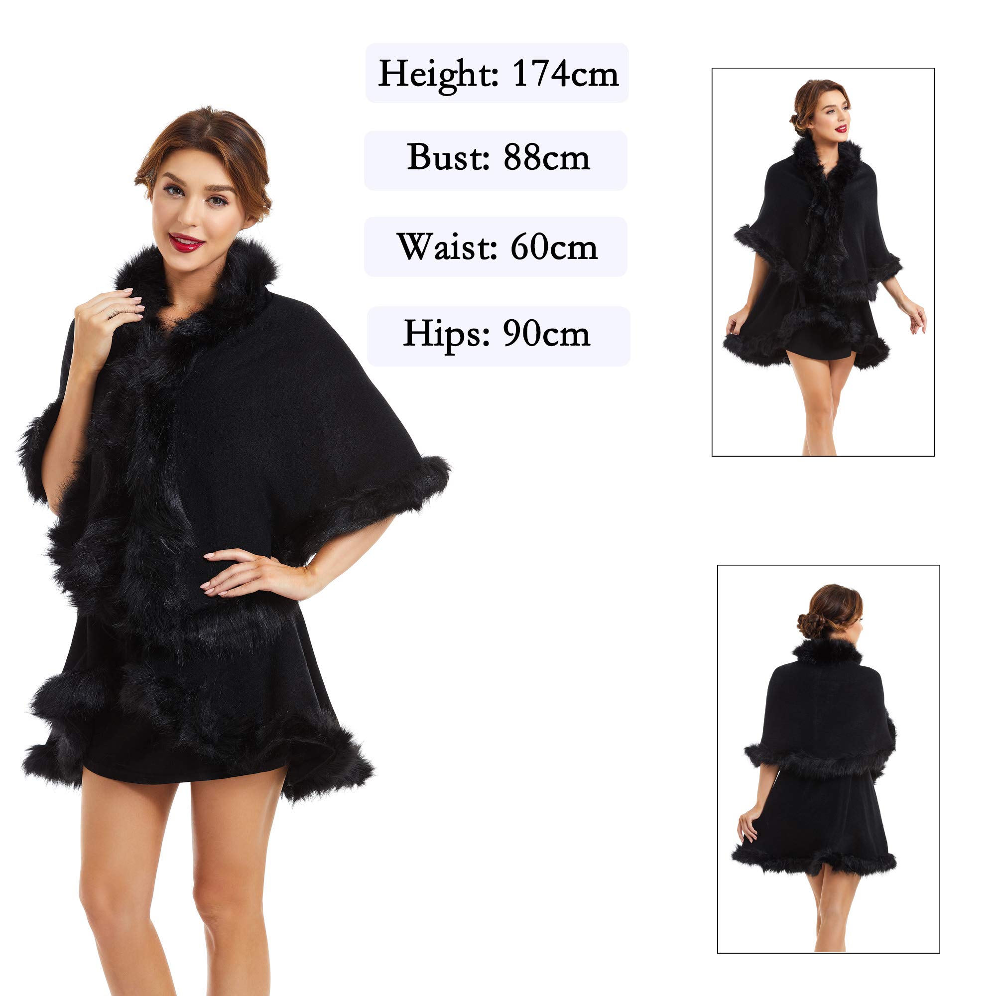 Open Front Faux Fur Trim Poncho Cape