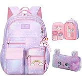 pisyae Girls Backpack,Rainbow Backpack for Girls-Kawaii Purple School Bookbag, Lightweight Large Capacity Kids Backpack for Travel & Daily Use