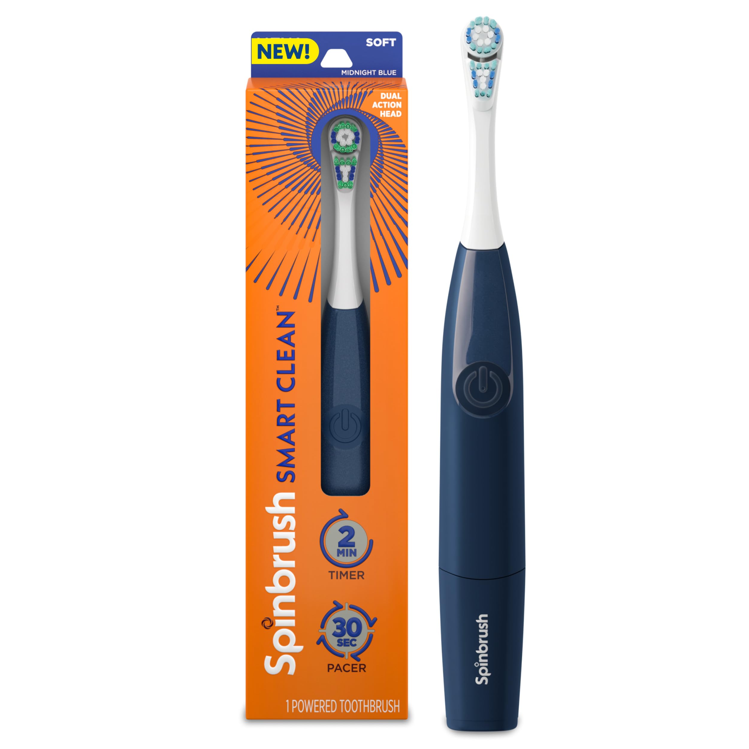 Photo 1 of Spinbrush Smart Clean Battery Powered Electric Toothbrush for Adults with Dual Action Head, Pacer & Timer, Midnight Blue, Soft Bristles, 1 Count