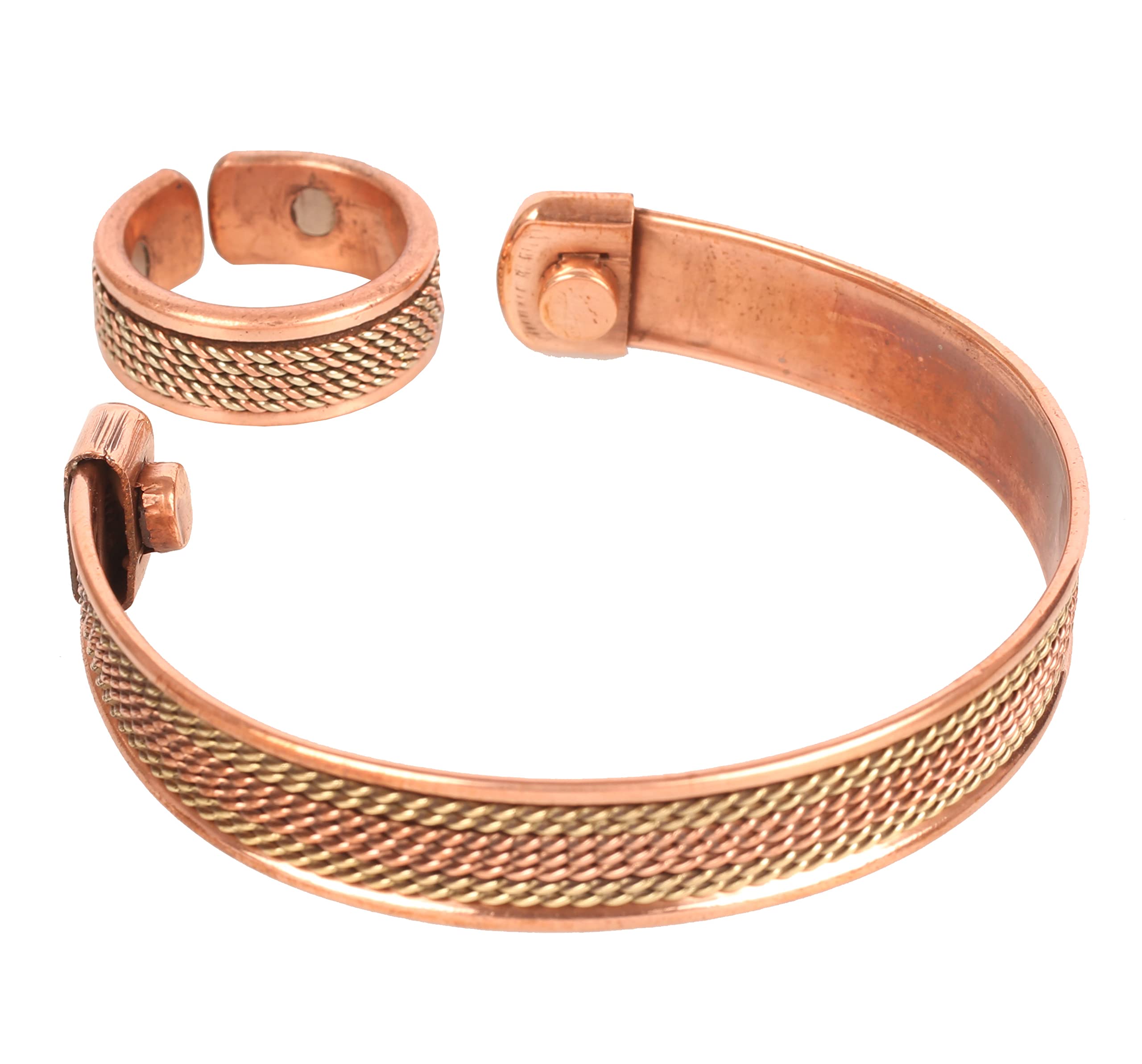 Touchstone Copper Magnetic Hand Forged With Solid And High Gauge Tibetan Style Spiral Wires Pattern Minimalistic Elegance Pure Copper Bracelet And Matching Ring In Two Tones.