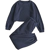 ZAFUL Women's Fuzzy Lounge Casual Pajamas Sets Long Sleeve Fleece Pullover and Pants Set 2 Piece Fluffy Loungewear Sleepwear