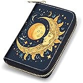 stmedazm Credit Card Holder Wallets for Women, RFID Blocking Small Leather Card Case Wallet with Zipper Accordion Wallets, Celestial Theme Sun with Crescent Moon