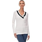 AmélieBoutik Women Casual Color Trim V Neck Long Sleeve Ribbed Sweater Tops