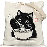 APJYM Funny Japanses Noodle Cat Tote Bag, Cat Mom Lovers Owners Gifts Canvas Tote Bags for Women, Cute Kitten Reusable Grocery Shopping Bags