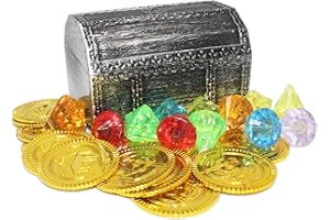 Pemalin Mini Treasure Chest Toy Set for Kids, Vintage Decorative Pirate Pretend Play or Halloween Cosplay Party, Birthday, Christmas, Include 12 pirate treasure gold coins, 12 colorful diamonds