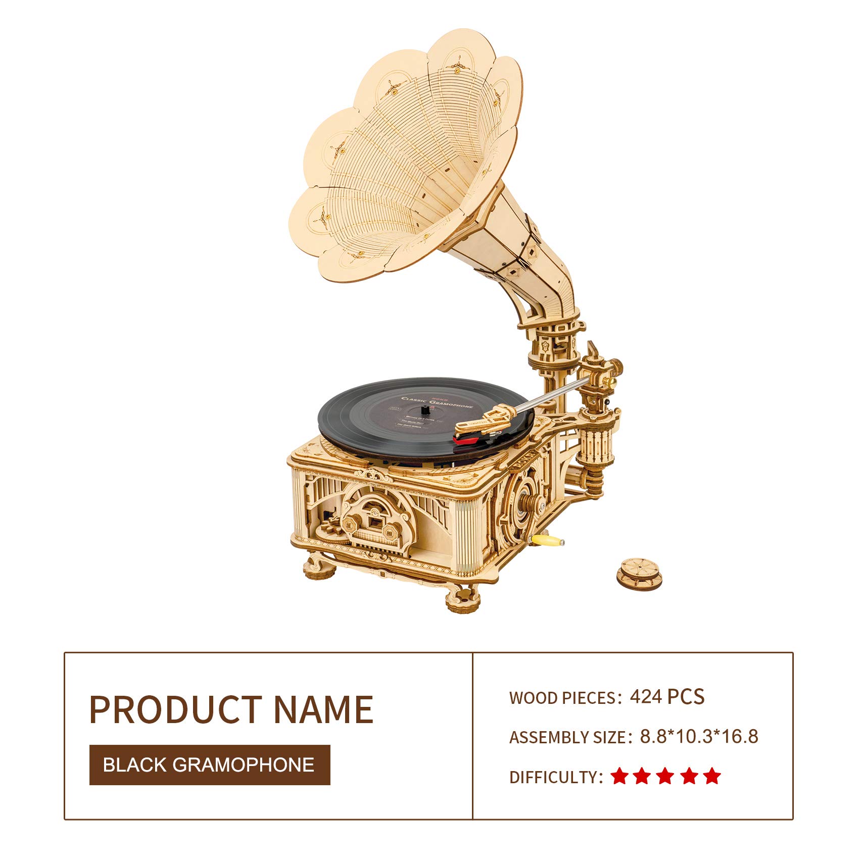 ROKR 3D Wooden Puzzles Gramophone for Adults - DIY Mechanical Model Kit 1:1 Replica Record Player Support 7