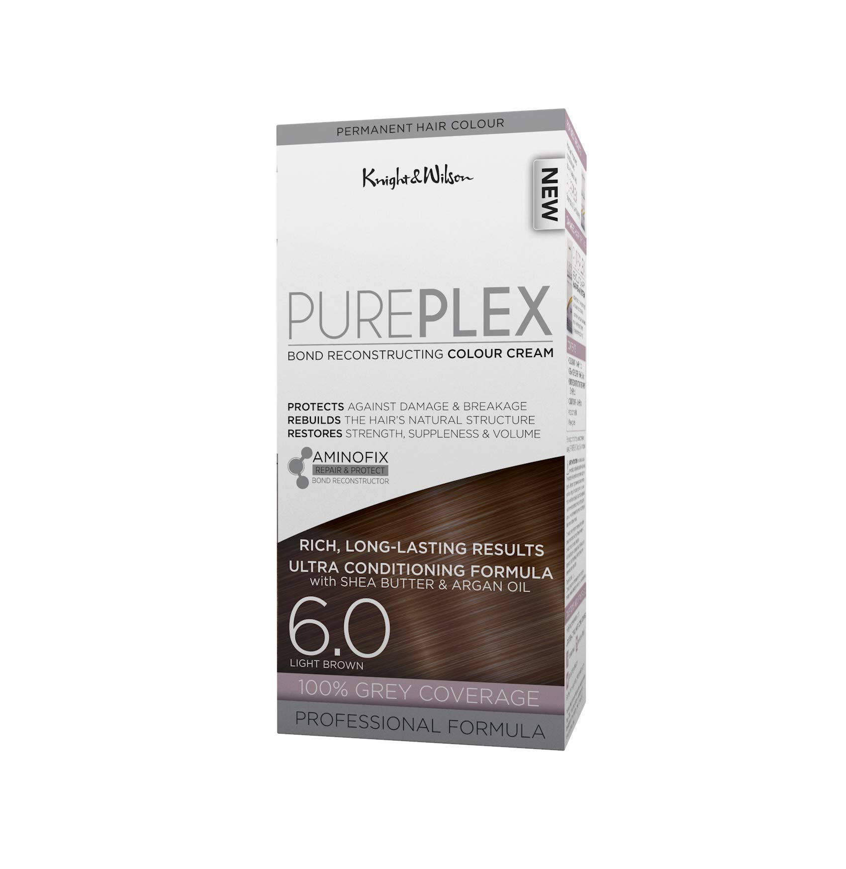 Knight & Wilson PurePlex Light Brown Permanent Hair Colour Dye. Protect, Restore and Nourish with Aminofix. 6.0 Light Brown. 100% Grey Coverage.