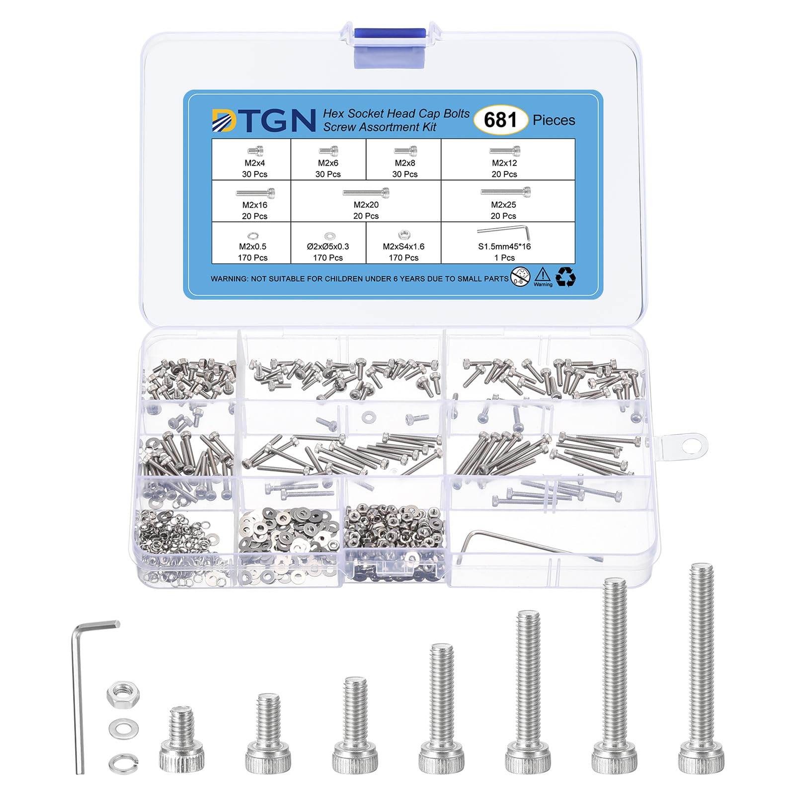 DTGN 681Pcs M2 Metric Screw Assortment, Bolts and Nuts Kit, 304 Stainless Steel M2x4/6/8/12/16/20/25mm Hex Socket Head Cap Screws Bolt Set With Wrench, Washers for 3D Printing DIY