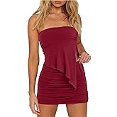 CSDAJIO Women Two Piece Summer Set Club Outfits Drawstring Ruched Side Asymmetrical Tube Top and Bodycon Mini Skirt