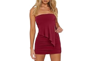 CSDAJIO Women Two Piece Summer Set Club Outfits Drawstring Ruched Side Asymmetrical Tube Top and Bodycon Mini Skirt