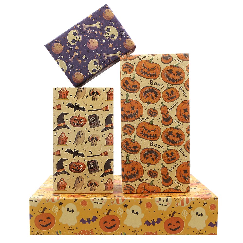 Halloween Wrapping Paper,Pumpkin Skull Ghost Bat Kraft Gift Wrapping Paper 50x70 cm,8 Sheets 4 Style Gift Wrap Paper With Yellow Ribbons for Boys Girls Men Women Halloween Party