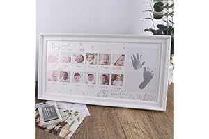 weallbuy Baby Picture Frame First Year, Baby Handprint and Footprint Kit with Ink Pad, 12 Month Milestones Baby Gift, Anniversary Growth Record Keepsake for Mom/Newborn (White)