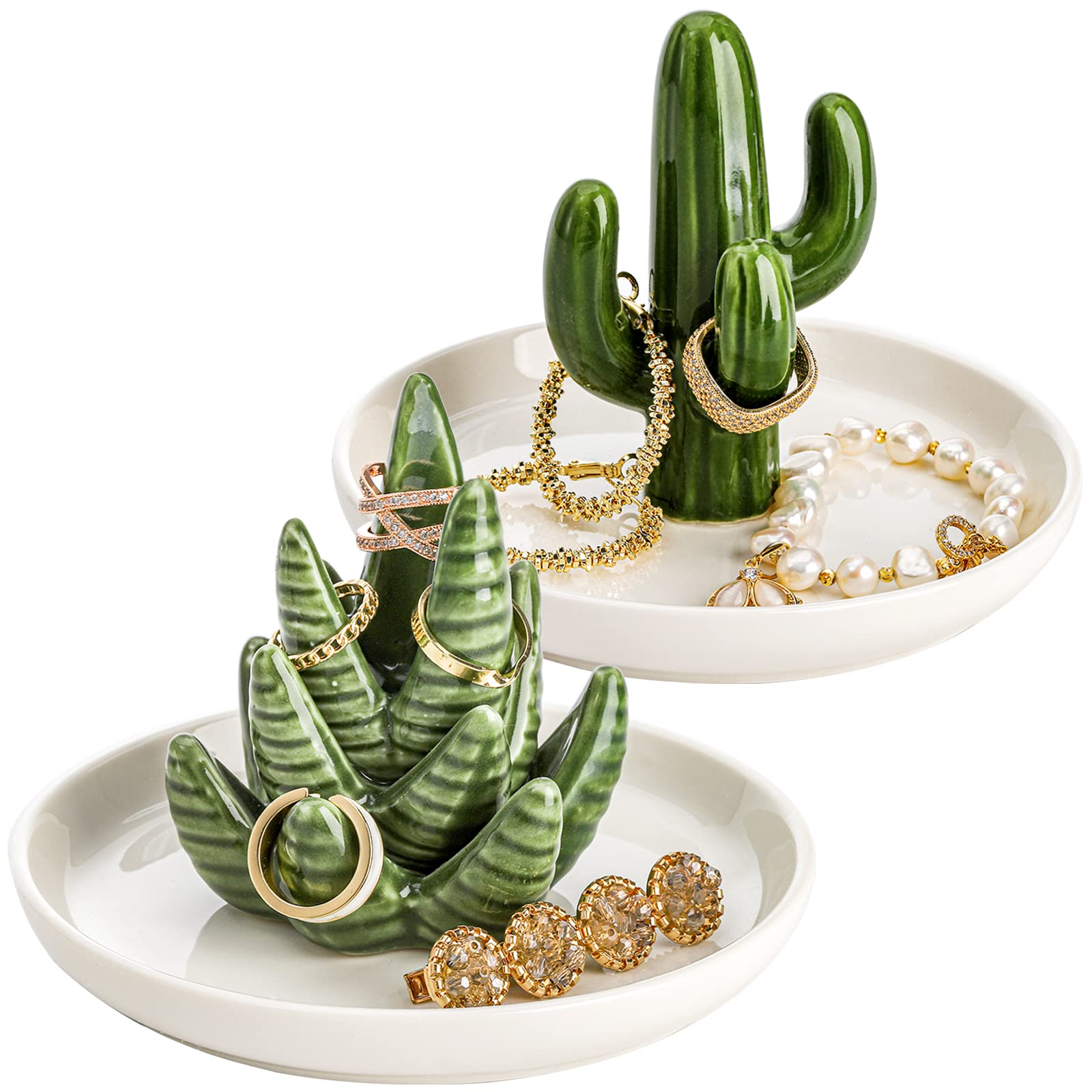 Photo 1 of **ONLY ONE** Elsjoy Set of 2 Aloe and Cactus Ring Holder Dish, Ceramic Plant Jewelry Dish Bracelet Earrings Necklace Organizer Tray, Decorative Succulent Trinket Dish for Wedding, Birthday Gifts, Home Decor