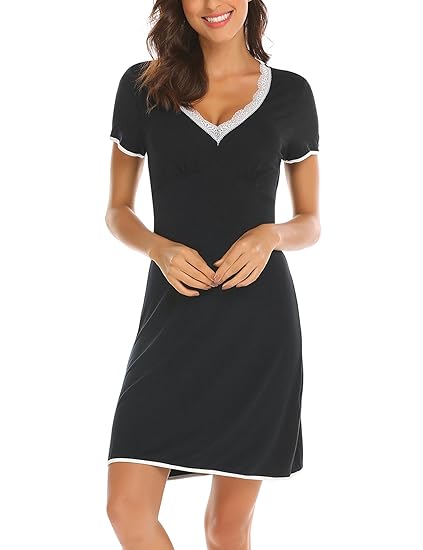 Unibelle Damen Nachthemd Kurzarm Mit Lace Trim V-Ausschnitt Nachtwäsche Baumwolle Lounge Nachtkleid