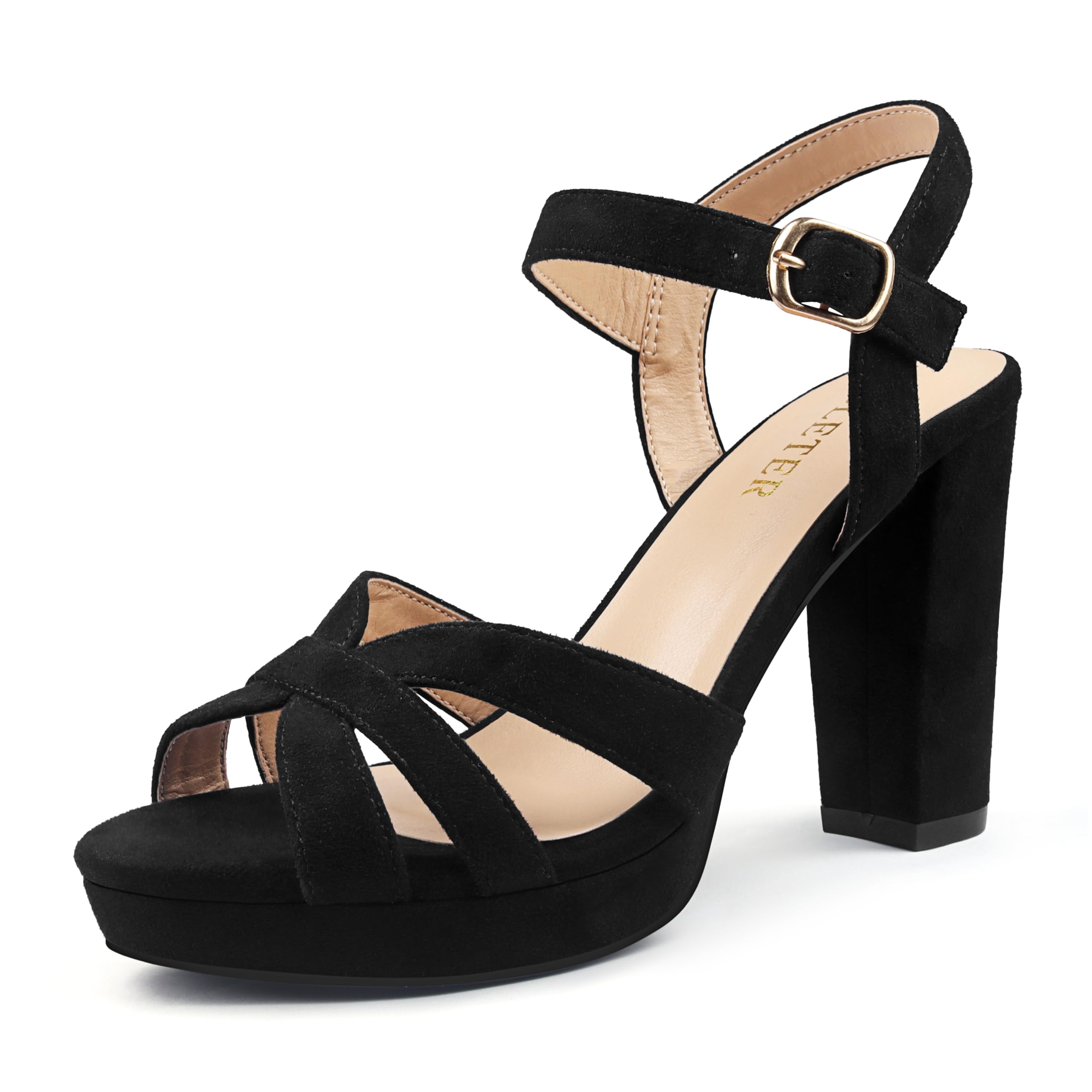 Photo 1 of COLETER Women's Platform Chunky Heels Ankle Strap Block Heeled Sandals Party Wedding Shoes Suede Black 7.5US