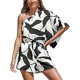 CUPSHE Women's One Shoulder Romper 3/4 Sleeve Wide Leg Mini Jumpsuit Short Draped Bodice Romper Casual Summer Loose Outfit