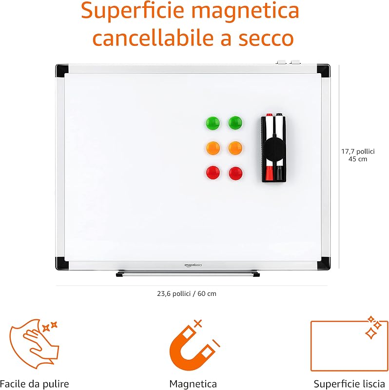 Lavagna Bianca Magnetica con Cornice in Alluminio, Vaschetta Portapenne, 6 Magneti, 1 Cancellino, 2 Pennarelli per Ufficio/Casa, Montaggio a Parete, Cancellabile a Secco, 60cm x 45cm