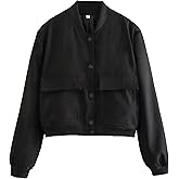 Faleave Women's Cropped Bomber Jacket Casual Street Button Down Varsity Jacket with Two Big Pockets