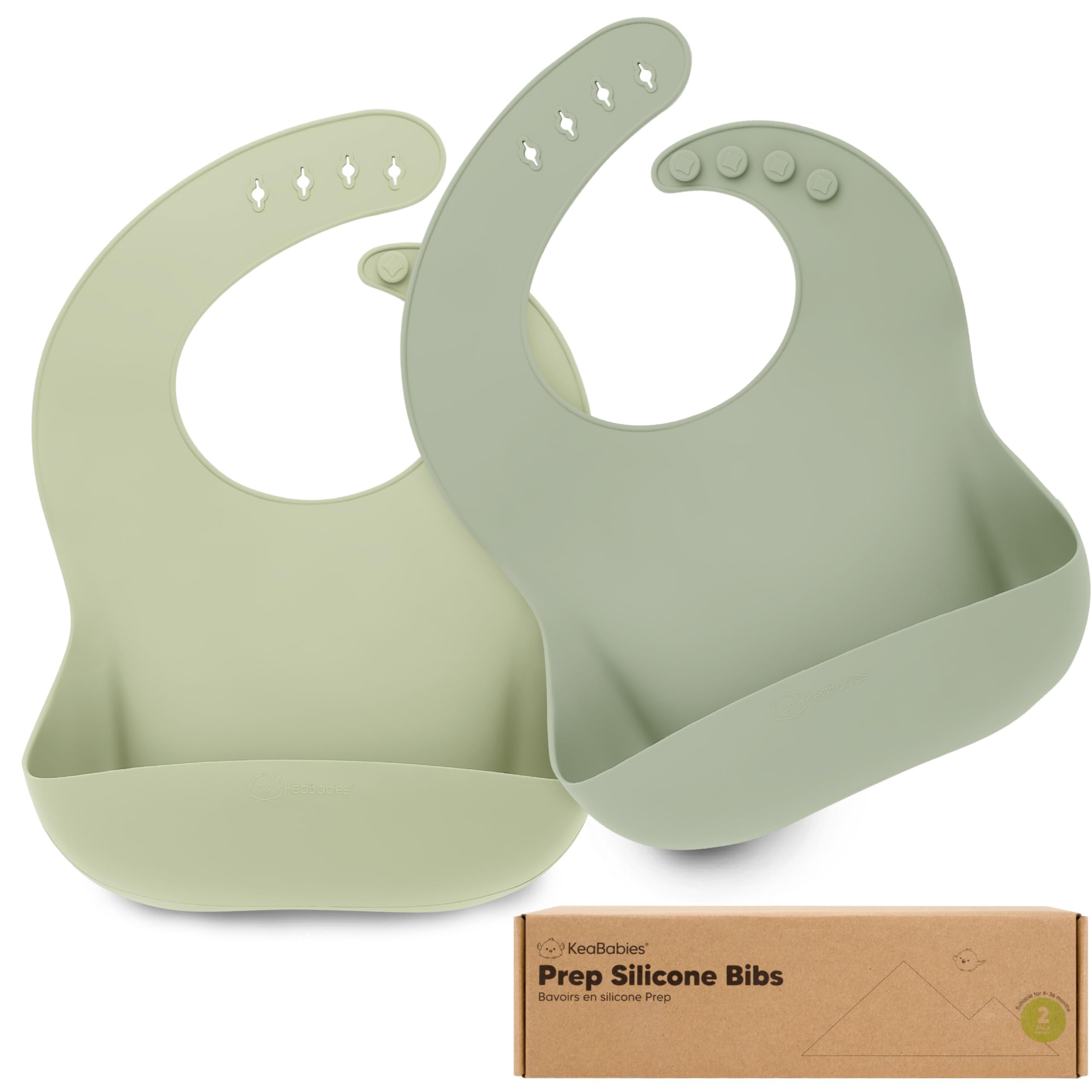 Photo 1 of KeaBabies 2-Pack Silicone Baby Bibs for Eating - Sturdy Food-Grade Silicone Bibs for Babies Girl, Boy, Large Food Catcher, Clean & Put On Easily, Waterproof Toddler Feeding Essentials (Sage)