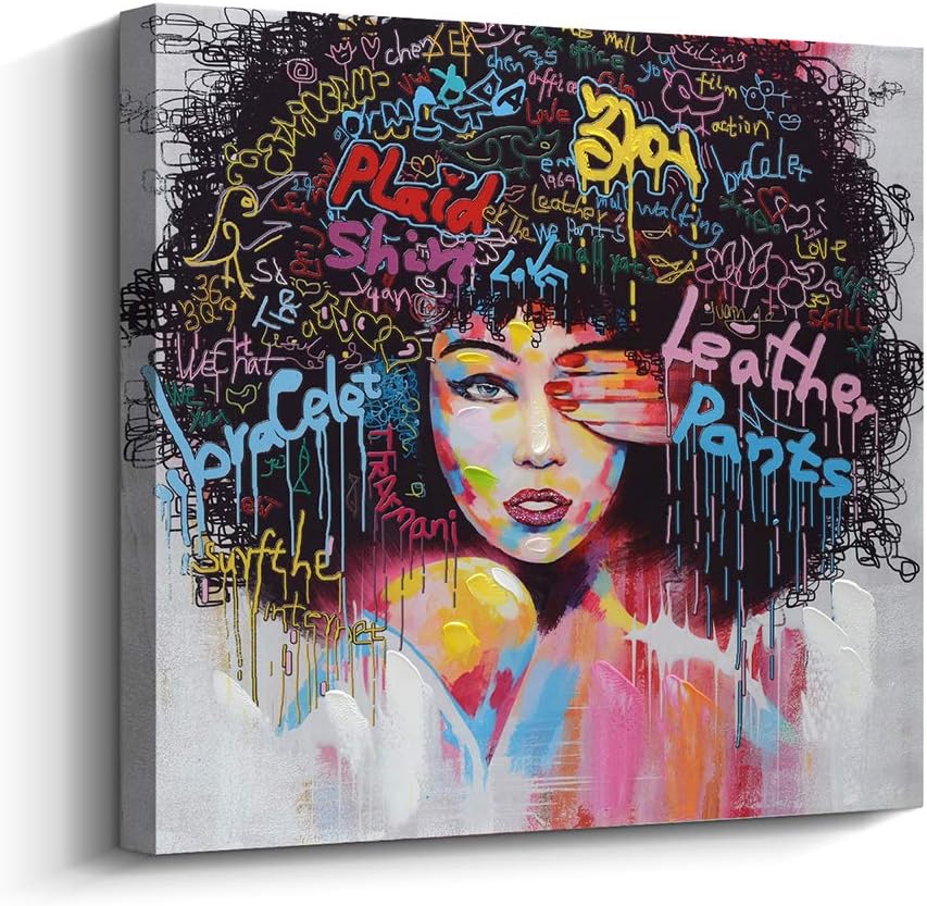Pinetree Art African American Black Art Canvas Wall Art, Original Designed Pop Graffiti Style Canvas Oil Painting on Print (16 x 20 inch, C Framed)