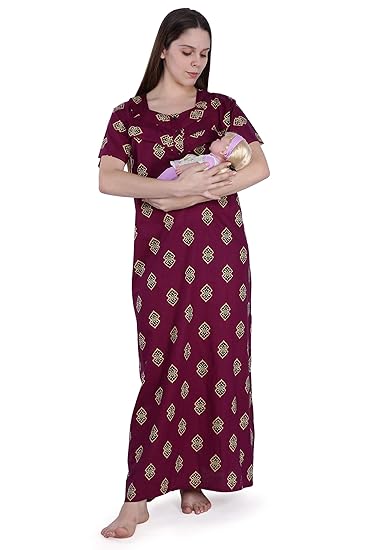 Women's Cotton Feeding Nighty/Maternity Nighty/Nursing Nighty for Post & Pre Pregnancy Wear with Zip - Free Size