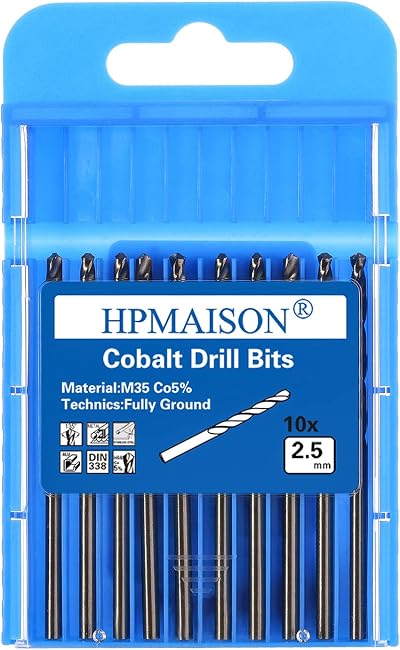 HPMAISON True 5% Cobalt Jobber Drill Bit Set 2.5mm 10Pcs M35 HSS DIN338