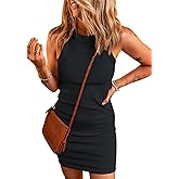 Acelitt Womens Ladies Summer Dresses Striped Print Halter Neck Bodycon Short Mini Tank Dress(Too Tight, Please Size Up)