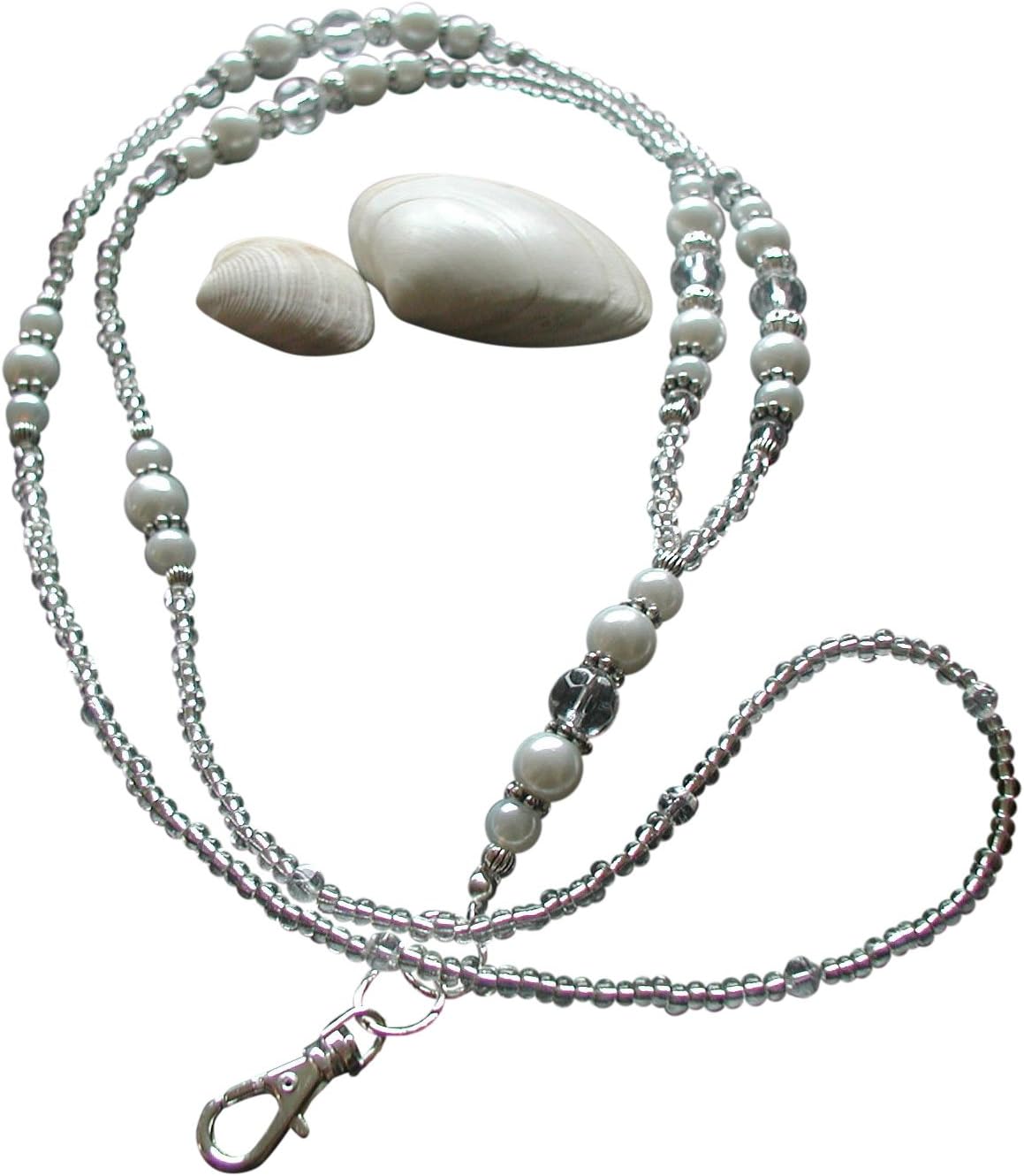 Classic Glass Pearls Beaded Handmade ID Lanyard Badge Card Pass Holder Key Chain Clip Cruise Work 19" Fashion Necklace by Daisy Designs Optional Magnetic Breakaway Clasp