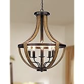 D19'' Farmhouse Chandelier, 4-Light Adjustable Dining Room Light Fixture Kitchen Island Lighting Rustic Hanging Lights For Entryway Foyer Bedroom Living Room Black White Oak