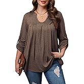 Angelips Women's Plus Size Tops V Neck Roll Up 3/4 Sleeve Tunic Pleated Casual Shirts Trendy Dressy Flowy Going Out Blouse