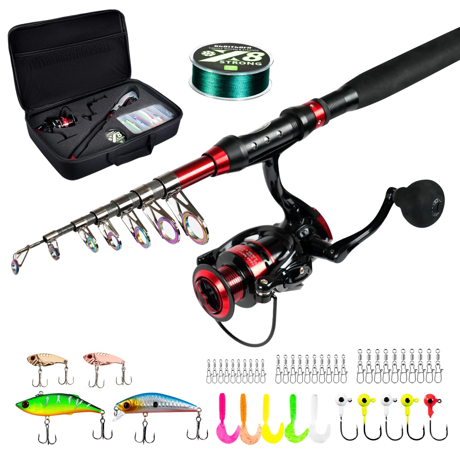 Photo 1 of Ghosthorn Fishing Rod and Reel Combo Telescopic Pole Kit Fishing Gear Starter Compact Carrier Bag for Freshwater Saltwater