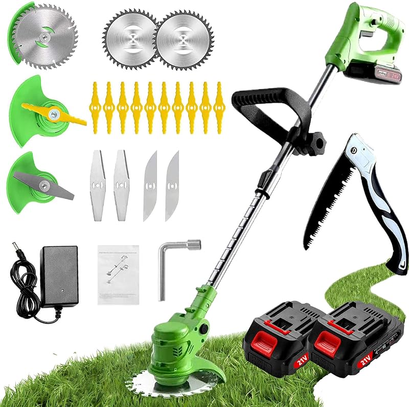Desbrozadora Batería, Desbrozadora Electrica con Cuchilla, Cortabordes Bateria con 2 Baterías de Iitio de 21V, Longitud Ajustable, Adecuado para Céspedes Y Jardines Pequeños Y Medianos, Cortadora