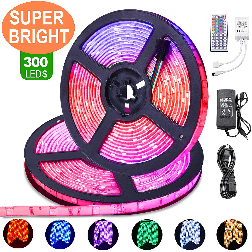 LED Strip Lights 32.8ft with Remote [Upgraded Version] Flexible RGB+W 5050 IP65 Waterproof Self Adhesive 300LEDs Multicolor Neon Ribbon Tape Lights with 6500K White Bright for Kitchen Room Closet TV