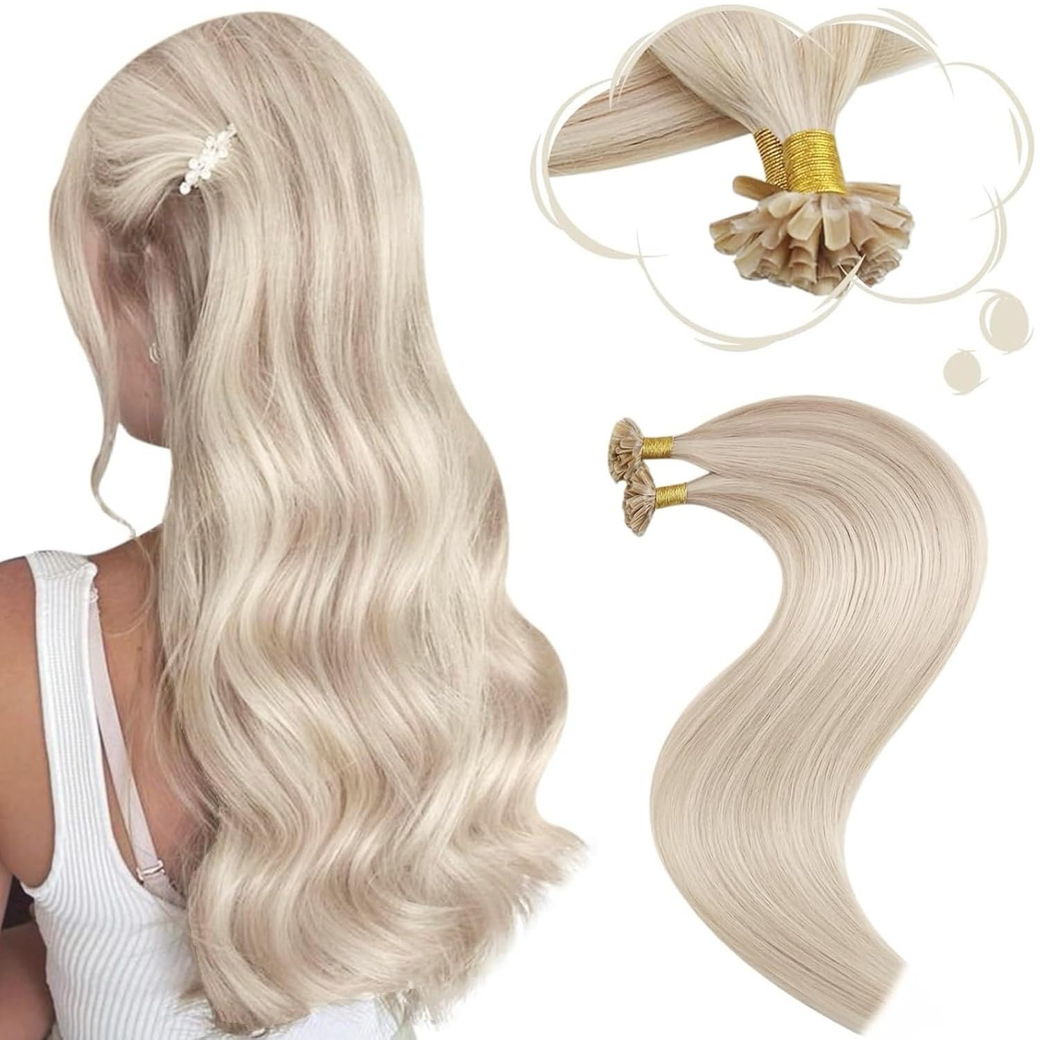 Moresoo Blonde Utip Human Hair Extensions Keratin Hair Extensions Ash Blonde with Platinum Blonde Fusion Hair Extensions 18 Inch 50g,50s/Pack #P18/613 — image 1