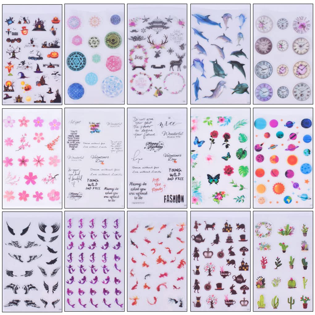 FineInno 15 Sheet Resin Art Supplies, Shiny Holographic Resin Stickers, Transparent Laser Stickers, Alice Magic Theme, Letter Stickers for Resin Fillers, Scrapbook Decor (Colorful Stickers)