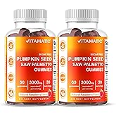 Vitamatic 2 Packs Sugar Free Pumpkin Seed Gummies- 3000 mg Equivalent Per Serving (from 20:1 and 10:1 Extract 200 mg) - Made with Saw Palmetto - Natural Raspberry Flavor - 60 Count
