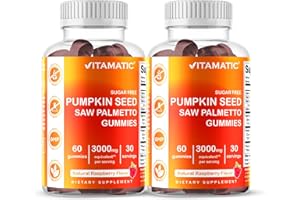 Vitamatic 2 Packs Sugar Free Pumpkin Seed Gummies- 3000 mg Equivalent Per Serving (from 20:1 and 10:1 Extract 200 mg) - Made with Saw Palmetto - Natural Raspberry Flavor - 60 Count