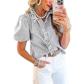 Disamer Womens Puffy Sleeves Tops Button Down Shirt Ruffle Shirt Short Striped Work Tops Trendy Babydoll Stand Collar Blouse