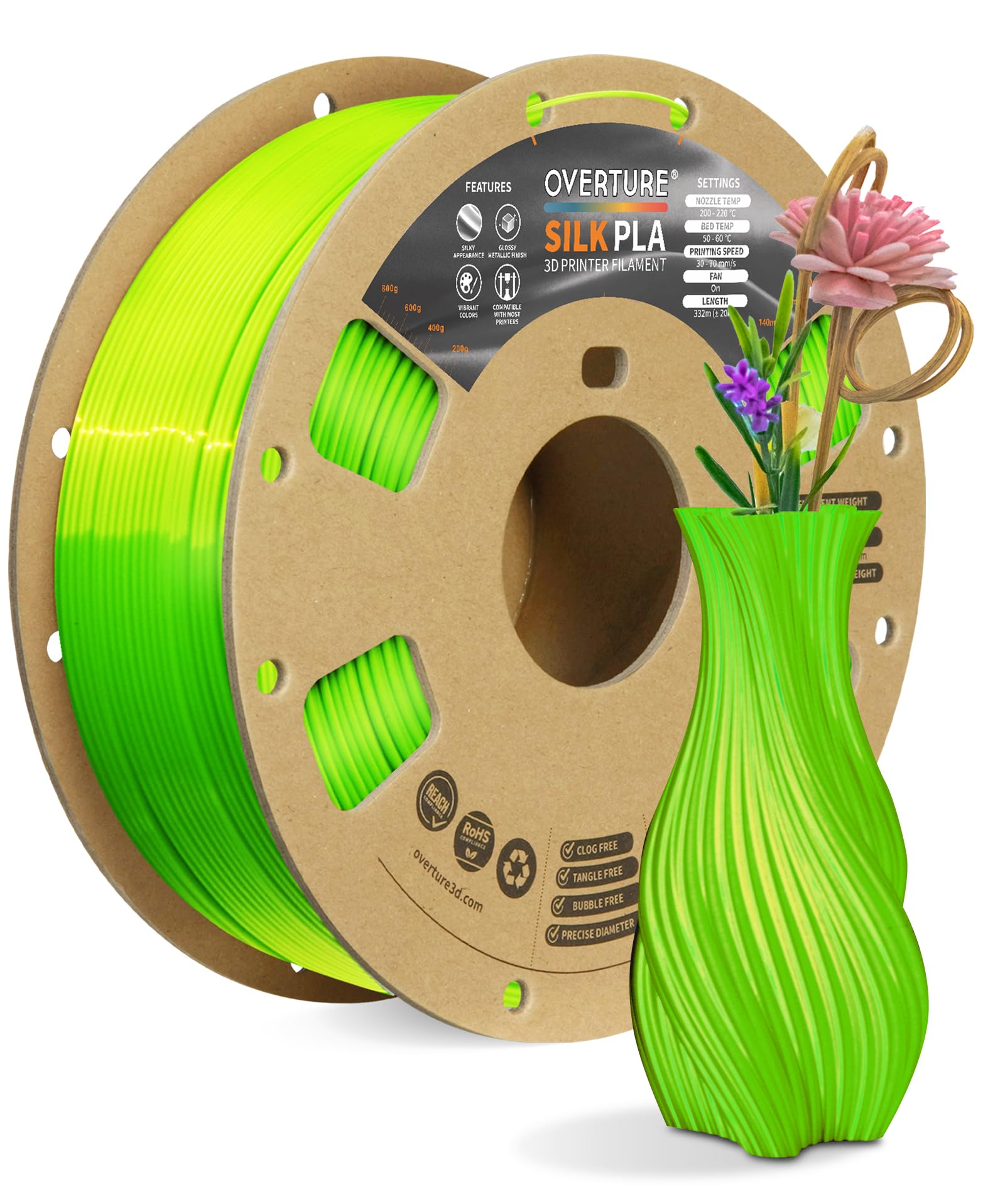 OVERTURE Silk Filament PLA 1.75mm Clog-Free Shiny 3D Printer Consumables, 1kg Spool (2.2lbs), Dimensional Accuracy +/- 0.02 mm, Fit Most FDM Printer (Silk Neon Green)
