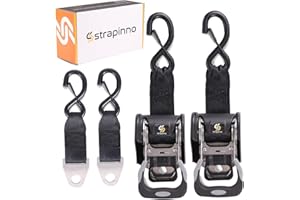 Strapinno 2PCS Stainless Steel Retractable Ratchet Straps (1 7/8 in x 4 ft) Heavy Duty Transom Tie-Downs with Extension Straps, Bolt Set & Safety Latch S-Hooks,for Boat,Break Strength 1,650LBS/750KG