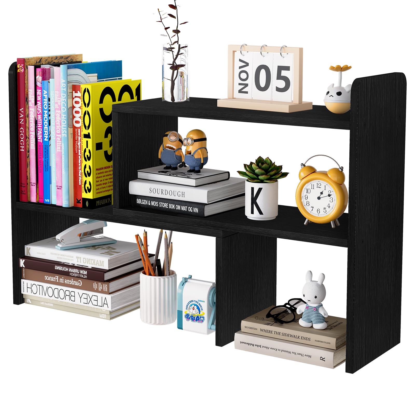 EasyPAG Wood Desk Shelves Adjustable Desktop Bookshelf Freestanding Home and Office Supplies Storage Display Shelf Desk Tidy Organiser,Black