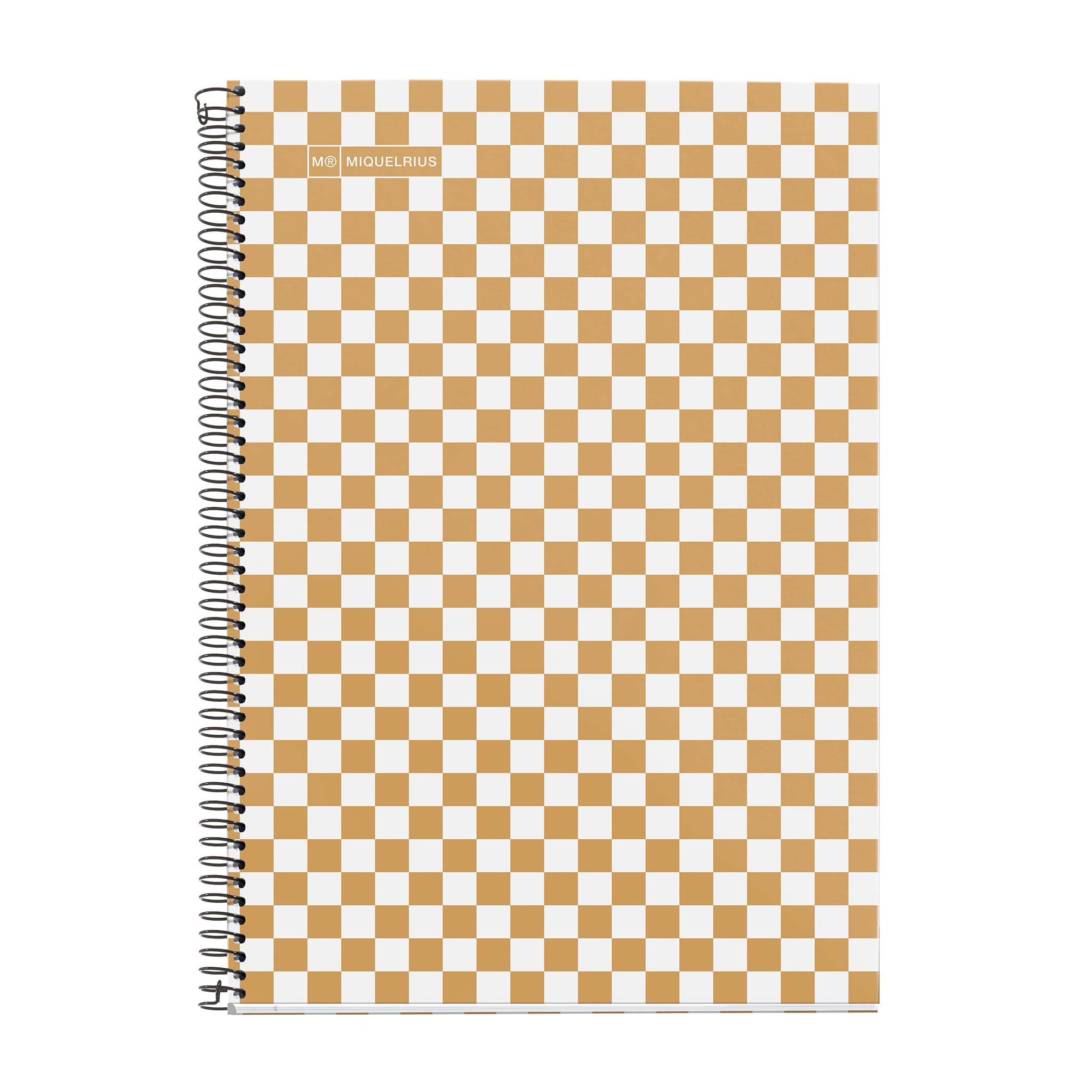 Miquelrius - School Notebook 4x4 mm, Folio Size (215 x 309 mm), 80 Sheets of 90 g/m², 4x4 mm Grid with Margin, Spiral Binding, Hard Cover, Mustard Checkered Design