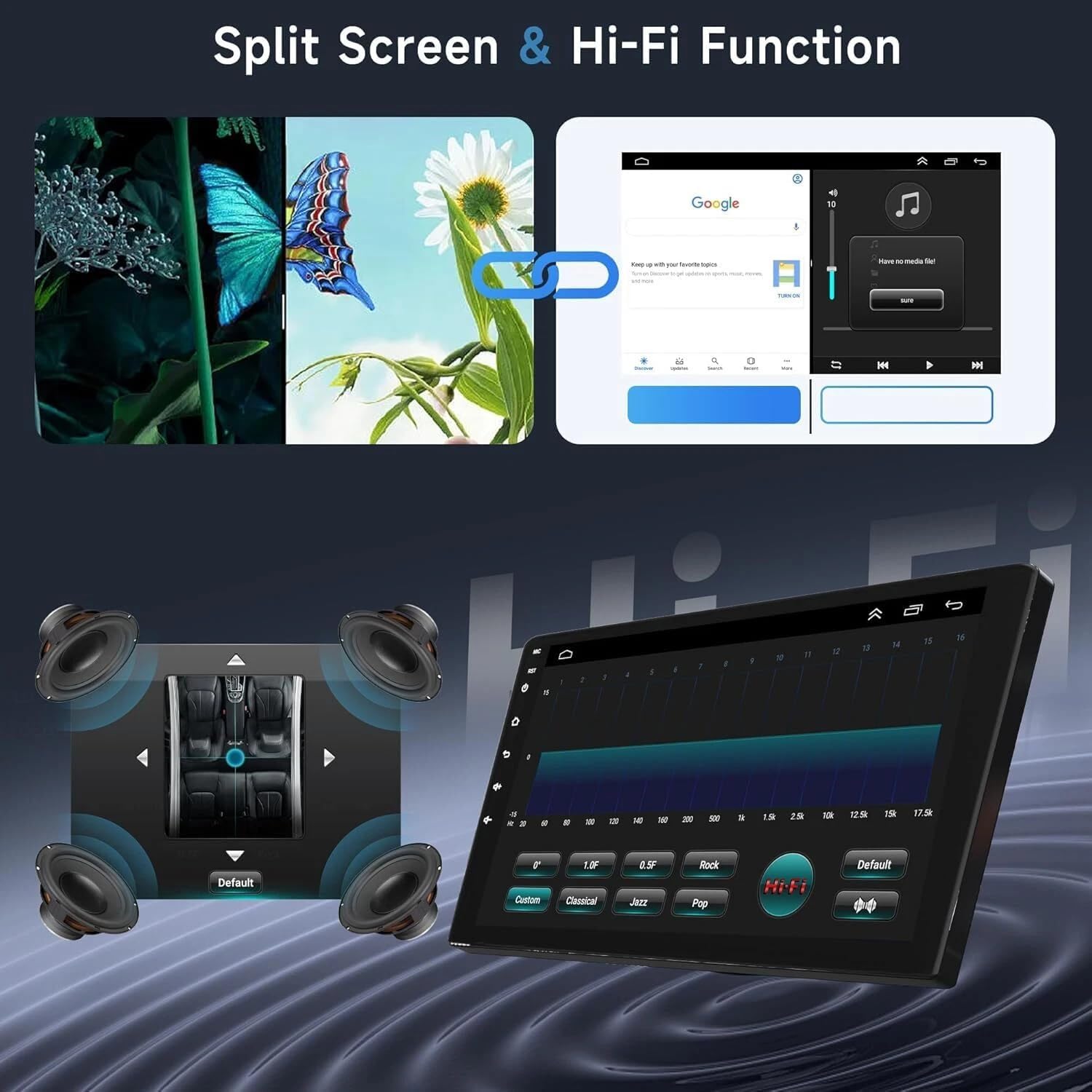 Image showing the car stereo display in split-screen mode, with two different applications running side-by-side, and an audio equalizer interface.