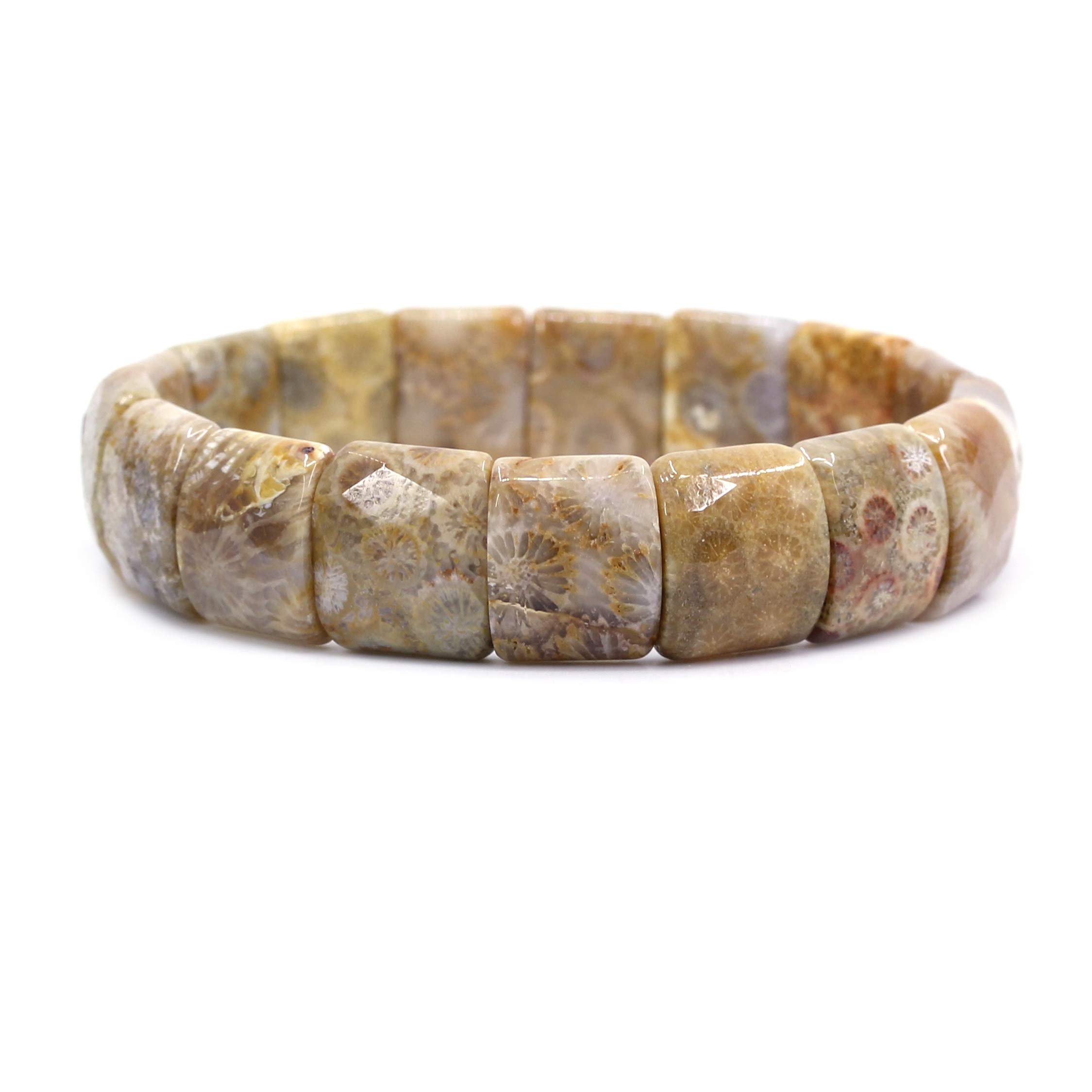 CHENYUE Natural A Grade Coral Fossil Gem Semi Precious Gemstone 15mm Faceted Square Grain Beads Stretch Bracelet 7.5 Inch