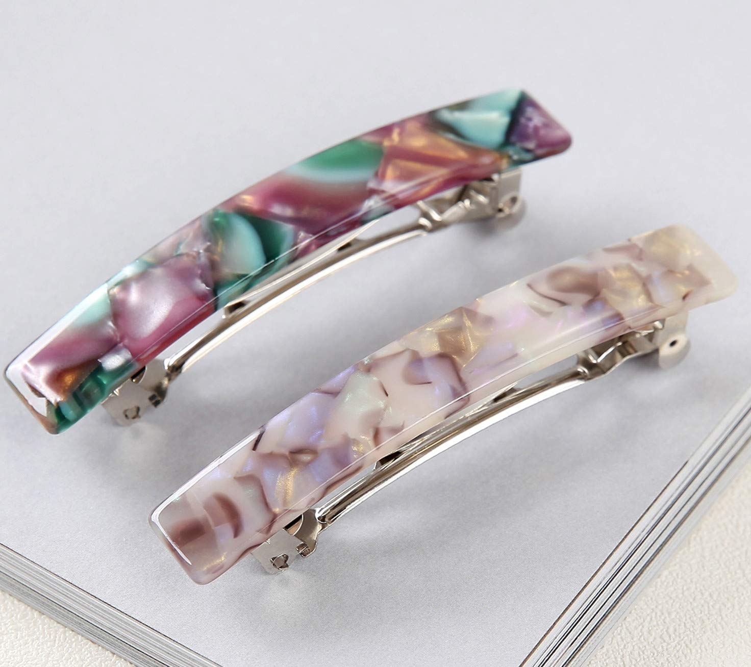 2 Pack Cellulose Acetate French Style Hair Barrettes Medium Automatic Tortoise Shell Rectangle Hair Clip for Women : Beauty