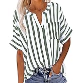 Womens Striped Linen Shirts Button Down Cotton Gauze Short Sleeve Tops V Neck Boho 2026 Summer Blouses Clothes
